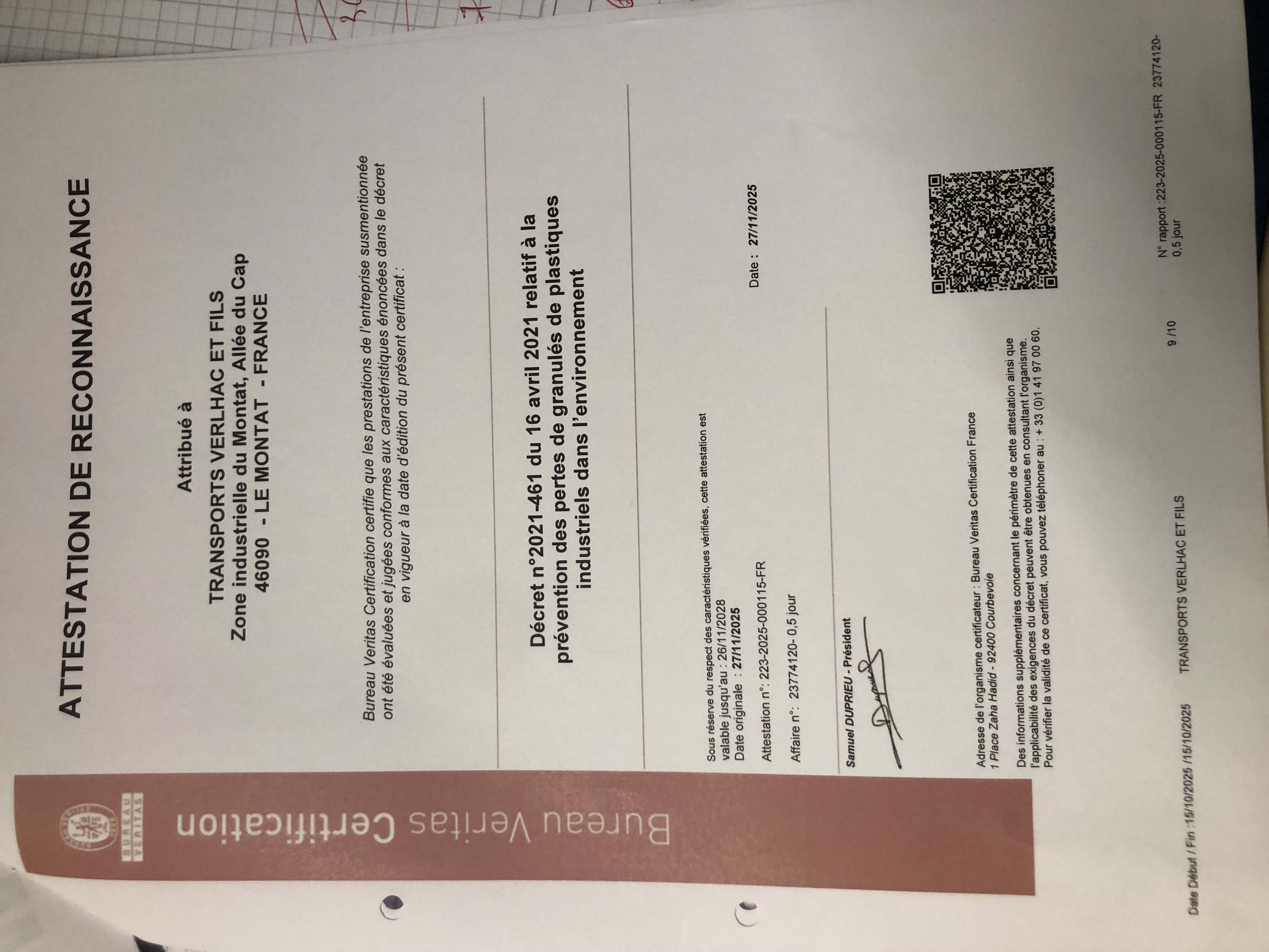 ATTESTATION RECONNAISSANCE GPI VERLHAC 